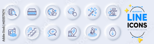 Treasure map, Web search and Scroll down line icons for web app. Pack of Outsource work, Ð¡ompetition, Stairs pictogram icons. Charging station, Text message, Leadership signs. Mattress. Vector