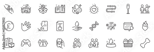 Icons pack as Family questions, Correct answer and Methodology line icons for app include Gamepad, Biotin vitamin, Hand outline thin icon web set. Parcel checklist, Dog bone. Vector