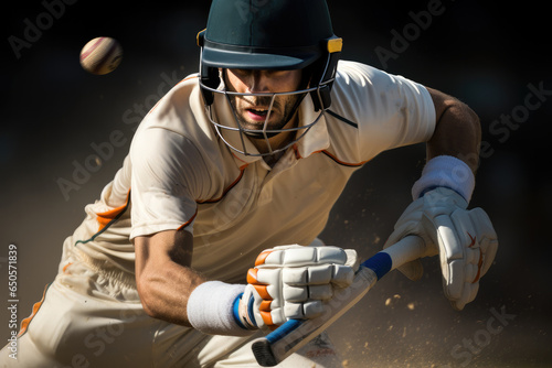 Cricket Batsman Hitting Ball During Cricket Match In Stadium, Cricket player on the field in action.