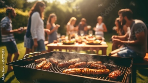 Group of friends having a picnic barbeque grill in the garden.