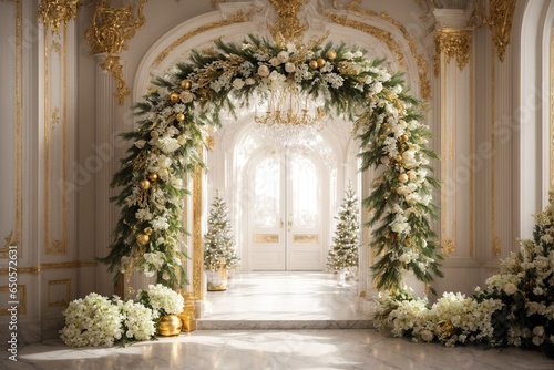 An elaborately designed Christmas wreath with delicate white flowers and gleaming gold accents  displayed on a big entry door in a classic and elegant manner.
