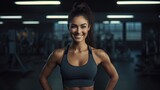 Black woman fitness, beautiful Afro-American woman with curly hair in the gym African fitness woman at health club