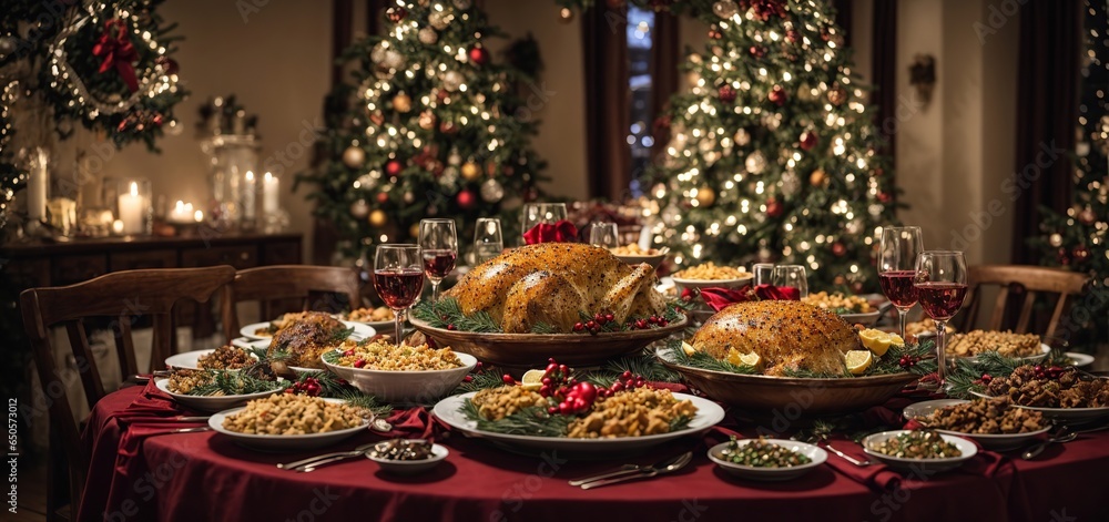 A beautiful Christmas dinner table, lit by the dazzling lights of a Christmas tree in the background, is piled high with traditional foods, snacks, and New Year's decorations.