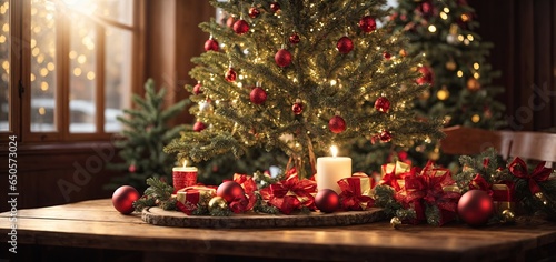 A joyful Christmas scene featuring a wooden table and tree is lighted by a strong  colorful afternoon sun.