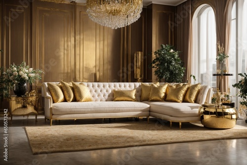 a lavish living area with golden highlights, with a contemporary, sleek sofa with elaborate golden embellishments.