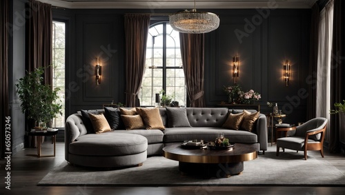 A luxurious living room with a grey chair  a round coffee table  and a corner sofa next to a wall paneled in dark grey.