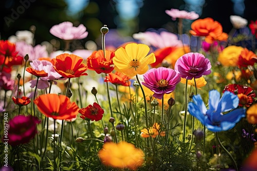 Colorful cosmos flowers blooming in the garden on sunny summer day, Colorful wildflowers blooming in a garden on a sunny day, AI Generated © Ifti Digital