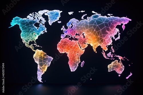 Colorful polygonal world map on dark background. 3D Rendering, Colorful world map hologram with every individual country with different colors, AI Generated