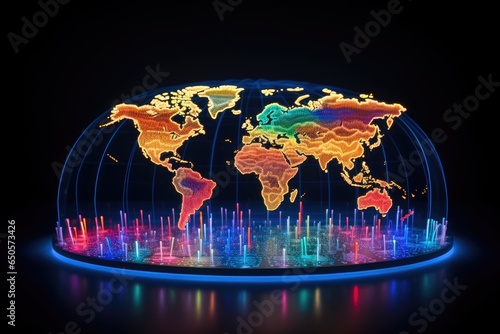 Glowing world map on dark background. 3d illustration. Elements of this image furnished by NASA, Colorful world map hologram with every individual country with different colors, AI Generated