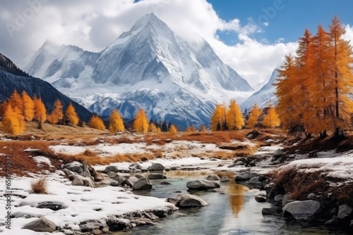 Autumn mountain landscape with yellow larch trees and snow-capped peaks, Colorful in autumn forest and snow mountain at Yading nature reserve, AI Generated photo