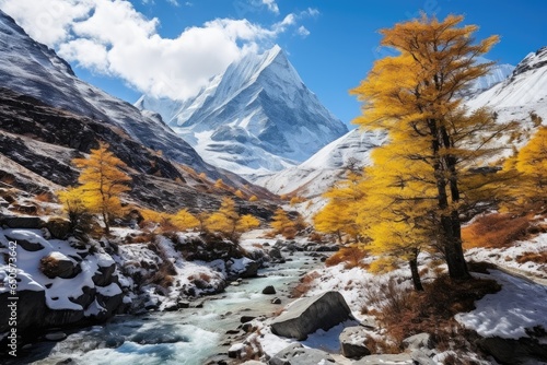 Beautiful mountain landscape with river and autumn trees in Himalayas, Nepal, Colorful in autumn forest and snow mountain at Yading nature reserve, AI Generated
