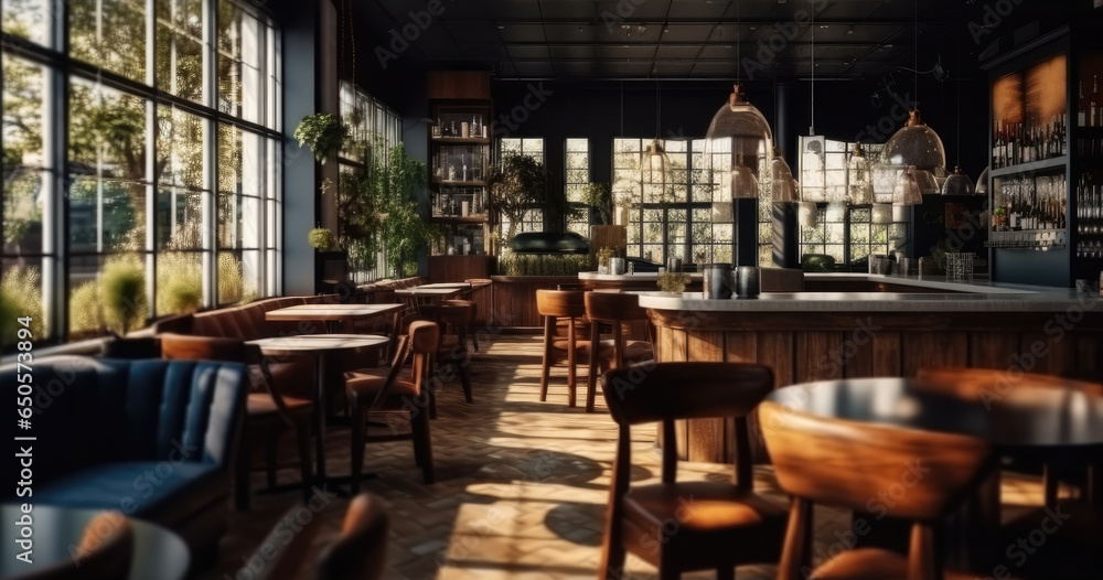 Obraz premium Luxury cafe pub restaurant bar with chairs and tables, Modern vintage design.