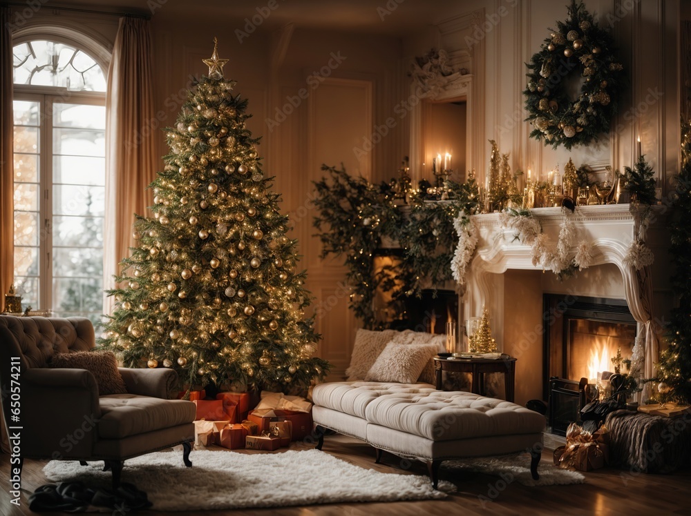 Image of a calm house with a fireplace and a Classic New Year Tree decorated Image of a calm house with a fireplace and a Classic New Year Tree decorated