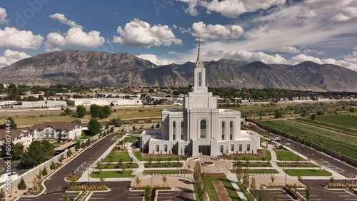 Aerial Orem Utah LDS Temple spire front slide. The Church of Jesus Christ of Latter-day Saints, LDS or Mormon religion. Fast growing christian religious groups. Headquartered in Salt Lake City. photo