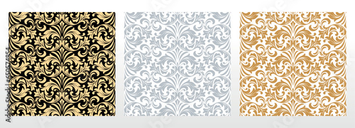 Wallpapers in the style of Baroque. Seamless vector backgrounds. Set of colored floral ornaments. Graphic patterns for fabric, wallpaper, packaging. Ornate Damask flower ornaments