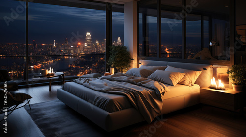 Master bedroom apartment at city night in fresh style. © visoot