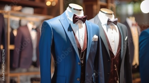 Men suits in men's fashion shop, Fashionable men's clothing store.