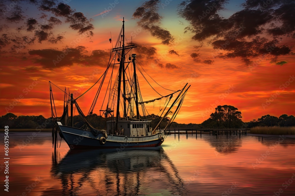 Fishing boat on the water at sunset with a reflection in water and a beautiful sky.  Dramatic sky and beautiful nature background., Wonderful seascape.