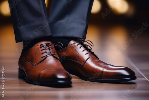 A pair of businessman feet in shoes walking on a tile floor © Ema