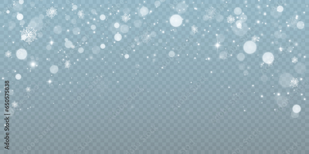 Snowfall winter Christmas background for overlay effect on transparent background. Vector 2024
