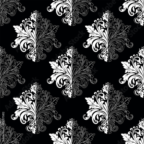 Wallpaper in the style of Baroque. Seamless vector background. White and black floral ornament. Graphic pattern for fabric, wallpaper, packaging. Ornate Damask flower ornament