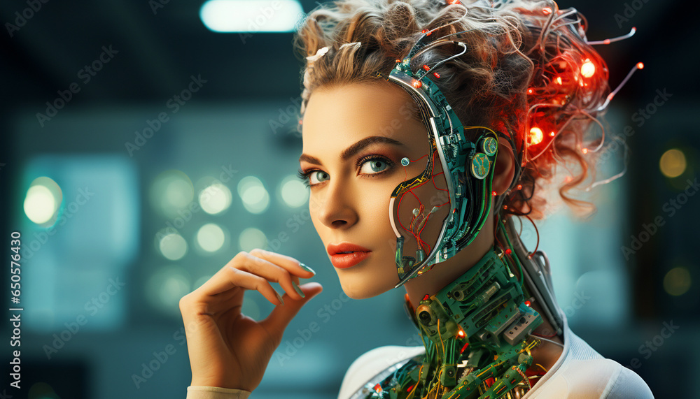 Portrait woman android. Humanoid robot, artificial inteligence, futuristic concept.