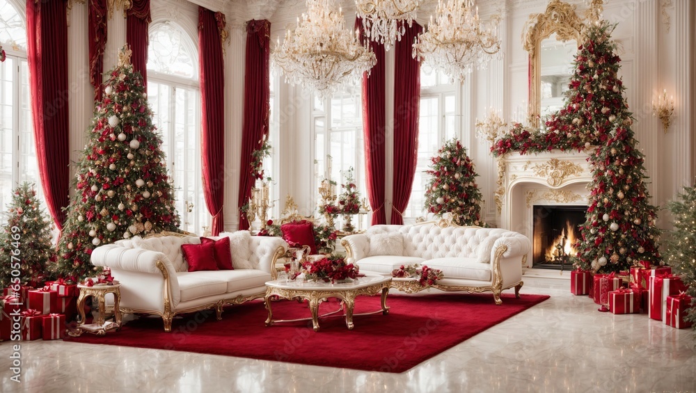 This gorgeous white room, which is enhanced with deep crimson tones, will transport you into a world of elegance and luxury. The centerpiece is the New Year tree, which has lavish decorations and glow