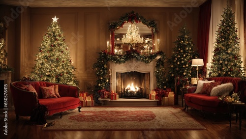a lavish space with a magnificent Christmas tree, its glittering lights creating a cozy glow on the chic furniture. In the corner, a purely decorative fireplace sputters.