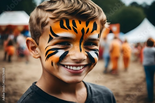 a cute little boy wearing tiger face paint at a county fair.