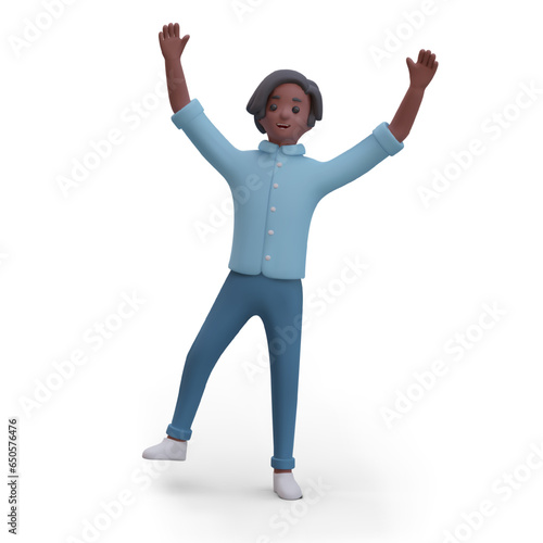 Male character standing on one leg with raised arms. Dark skinned teenager jumps for joy. Celebration, joy, pleasant surprise. Character with positive emotion