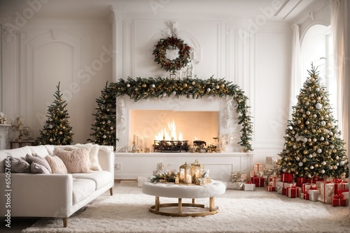 rior of stylish white living room with lovely fireplace, Christmas tree, and holiday décor 
