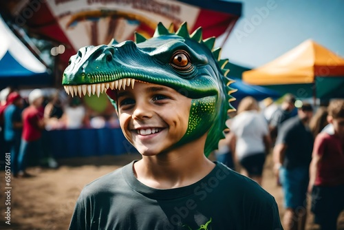 a cute little boy wearing dinosaur face paint at a county fair. © freelanceartist