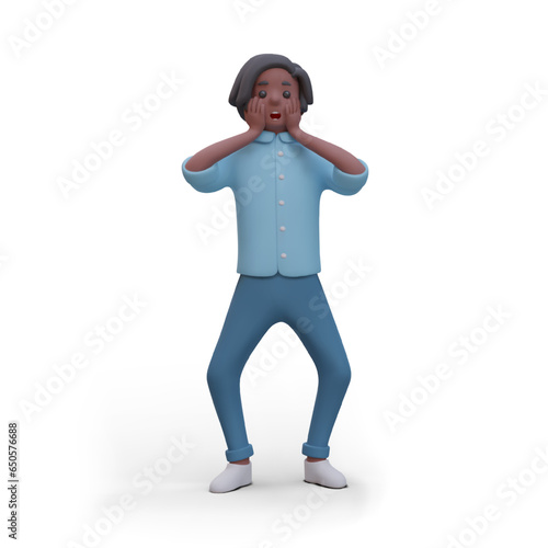 Guy is in panic. Shocked man holding his face. Black male character crouched down in fear. Terrified person. Expressive emotion, open mouth. Vector color illustration
