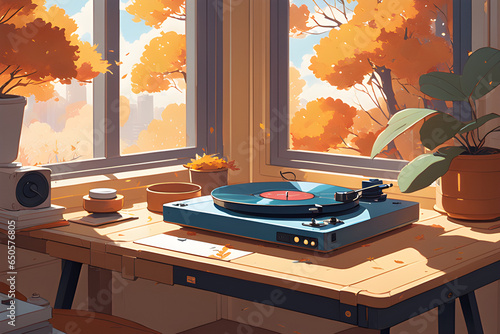 Record player on the desk in an autumn-like room.
Generative AI