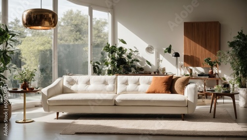 a masterwork with a trendy touch. a white sofa tucked up against a floor-to-ceiling window, resulting in an amazing contrast of light and shadow.
