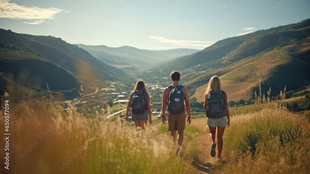 Fototapeta premium Group of friends hiking together on fields and grass at the mountains, Vacation trip week.