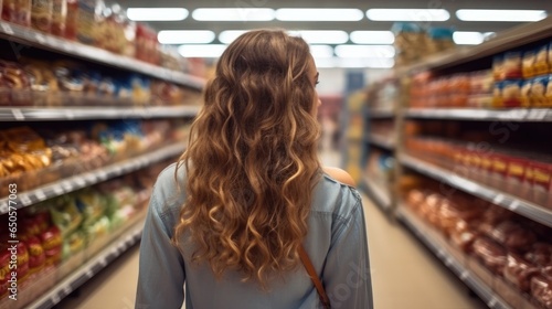 Young woman shopping in supermarket and buying groceries and food products in shopping mall.