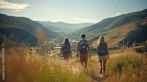 Group of friends hiking together on fields and grass at the mountains, Vacation trip week.