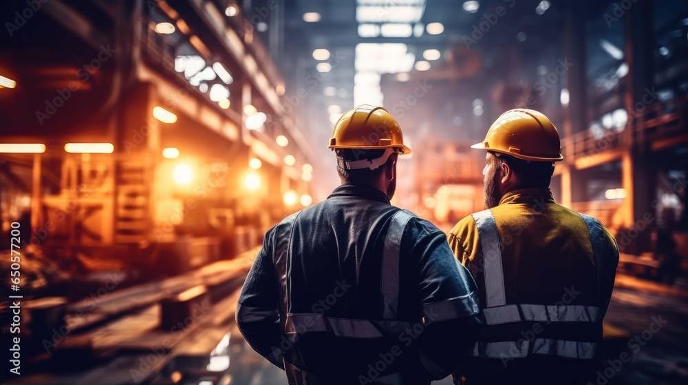 Engineer wearing a safety helmet in the background of a production line at large industrial plant. Engineer wearing a safety helmet in the background of a production line at large industrial plant.