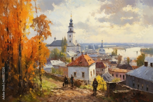 Oil painting on canvas of Vyborg, Vyborg, Russia, Ancient Vitebsk in the autumn Impressionism art, AI Generated