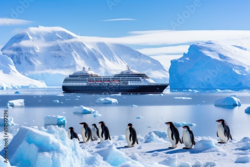Cruise ship and penguins on the ice floe in Antarctica, Antarctica penguins and cruise ship, AI Generated