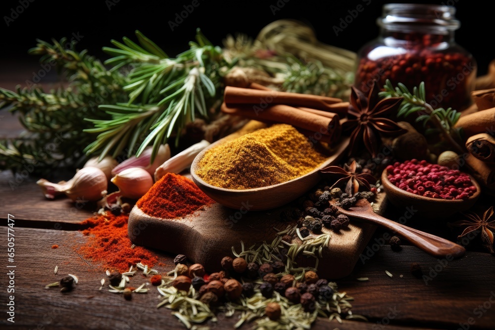 Spices and herbs on wooden background. Food and cuisine ingredients. Aromatic herbs and spices background. Seasoning as ingredient for delicious food, AI Generated