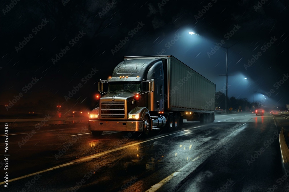 nighttime truck driving, wrong-way perspective. Generative AI