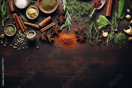 Spices and herbs on wooden background. Top view with copy space, Aromatic herbs and spices background. Seasoning as ingredient for delicious food, AI Generated