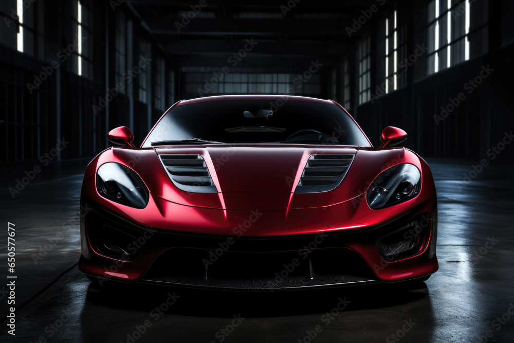 Shiny red new sports car stands in dark garage interior, front view