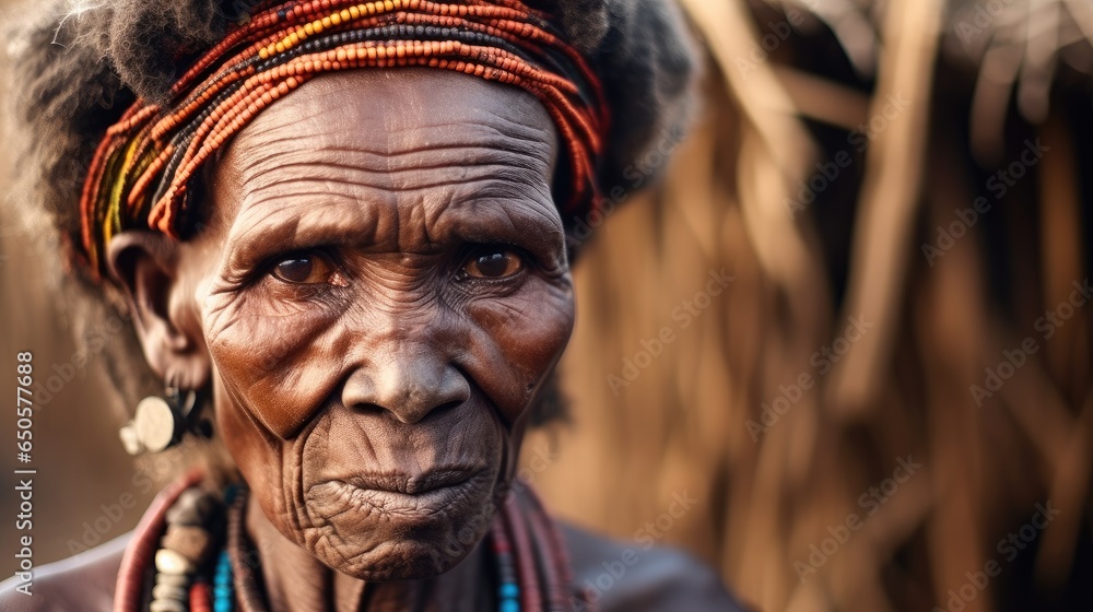 Serious senior woman from tribe in a village, Ancient tribes.