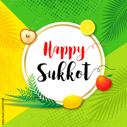 Happy Sukkot card with etrog, lulav, apple and palm leaf. Jewish holiday Sukkot web banner with palm leaves, aravah and hadas. Vector illustration