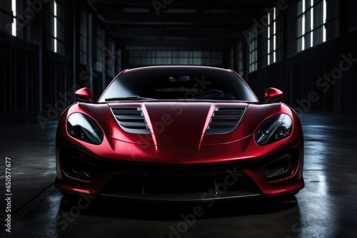 Shiny red new sports car stands in dark garage interior, front view © evannovostro