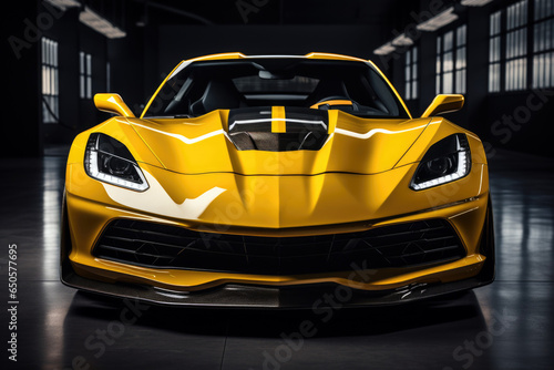 Shiny yellow new sports car stands in dark interior, front view
