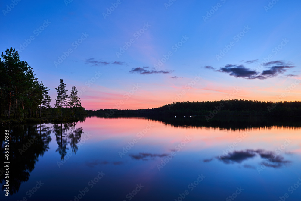 Autumn night in forest lake